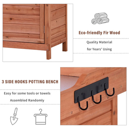 Outdoor 39" Potting Bench Table, Rustic Garden Wood Workstation with 2-Tier Shelves and Side Hooks, Orange