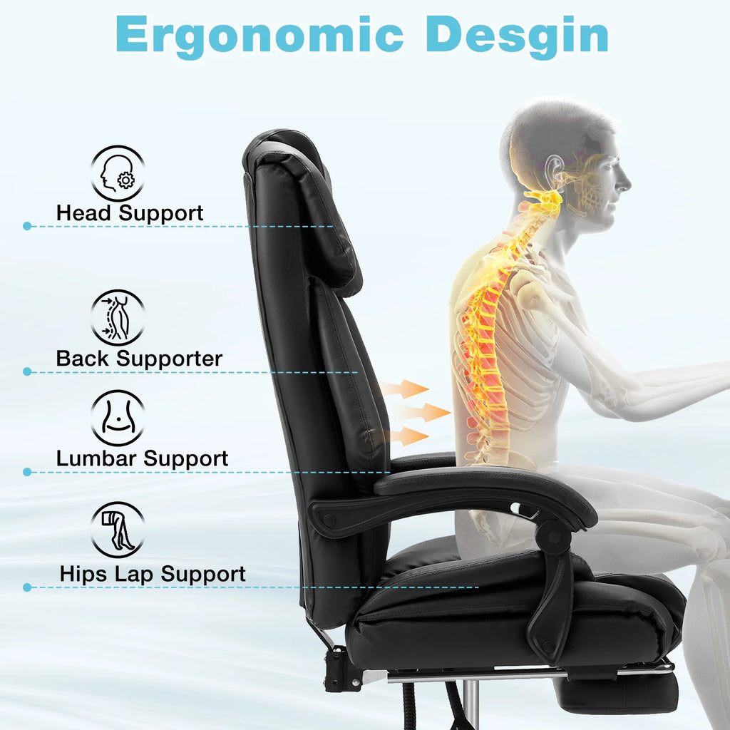 Hoffree Executive Office Chair Big and Tall Office Chair with Footrest Reclining Leather Chair High Back Ergonomic Computer Desk Chair with Lumbar Back Support for Home Office 500lbs, Black