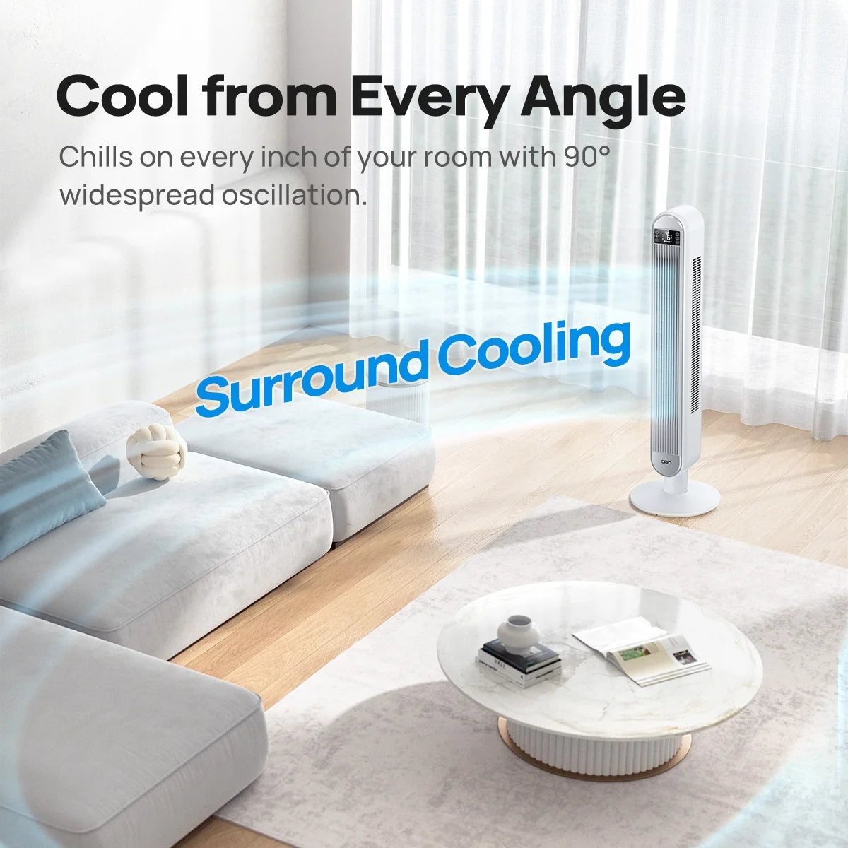 Dreo Tower Fan for Home, 42" Standing Fan with Remote, 90�� Oscillating Fan for Indoors, 34dB Quiet Bedroom Fans, 6 Speeds, 4 Modes, 12H Timer, Bladeless Fan with LED Display, 26 ft/s High Velocity