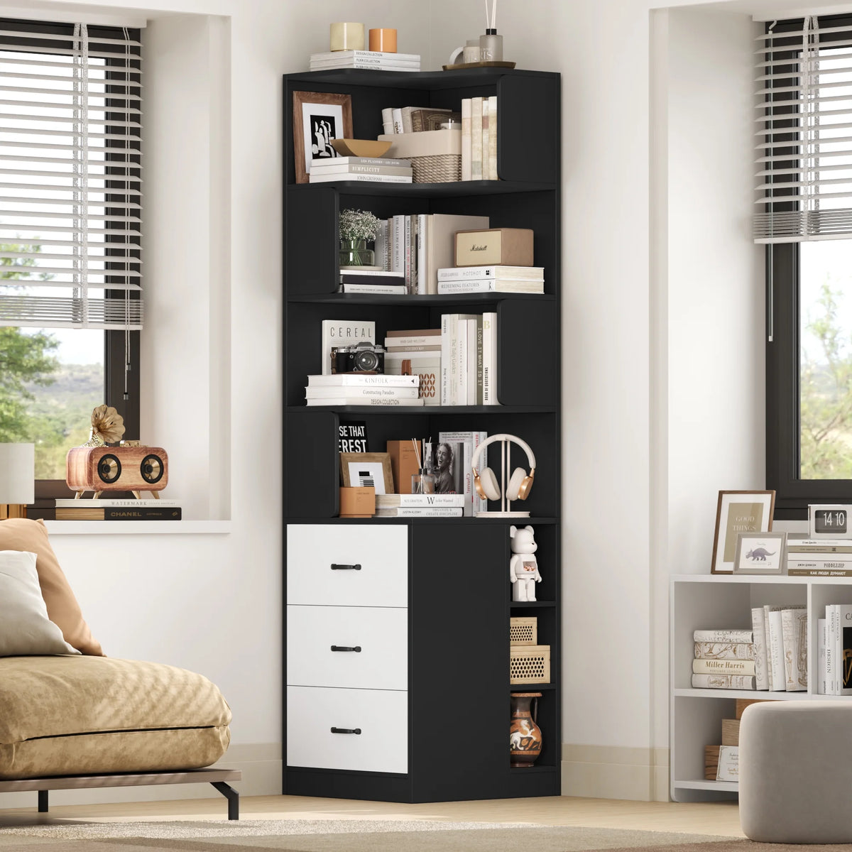 Hiphuta 77"Tall L-Shaped Corner Bookshelf with Drawers and Side Storage, Modern Wood Bookcase with 4-Tier Display Shelves Storage Cabinet for Living Room Home Office , Black