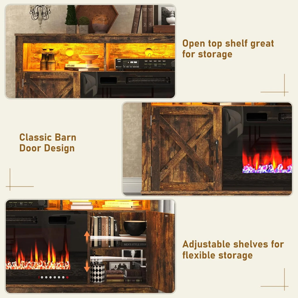 ChVans 70" Fireplace TV Stand for TVs up to 80" with 36" Electric Fireplace, Farmhouse Entertainment Center with LED, Wooden Media Console for Living Room, Bedroom