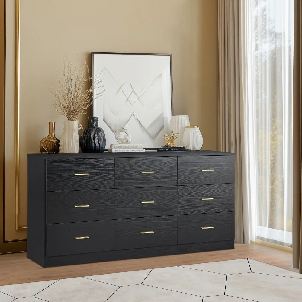 Aukfa Wood 9 Drawer Dresser for Bedroom, Long Chest of 9 Drawers TV Stand,Black