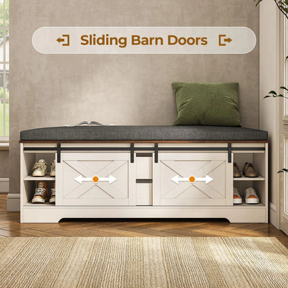 Farmhouse Storage Bench with Cushion, 31.4in Shoe Cabinet with Metal Barn Door and Half Hidden Storage Space for Entryway, Bedroom, Living Room, Old White