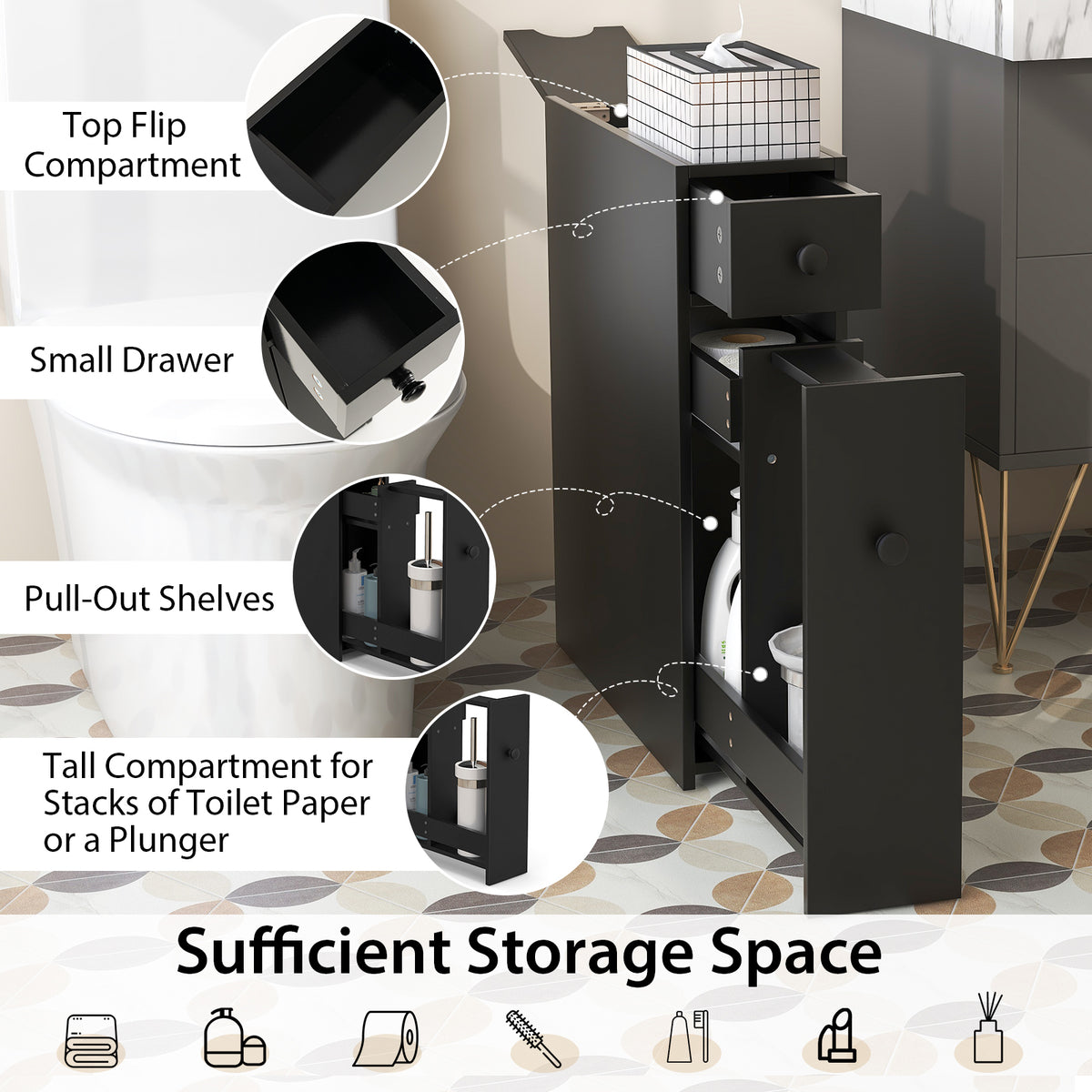 Topbuy Slim Bathroom Storage Cabinet Freestanding Toilet Paper Holder with Slide Out Drawers for Small Spaces White