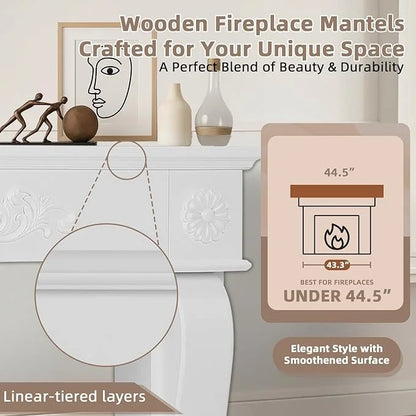 EPICOZY 44.5" Fireplace Mantel, Freestanding Fireplace Surround with Leg for Electric Fireplaces, MDF Mantel Surround with Shelf for Living Room with Decorative Pattern, Anti-Tipping & Waterproof