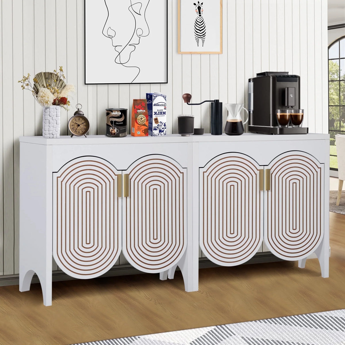 LEFHDA 2PCS Buffet Cabinet, Sideboard Cabinet with Storage, Accent Storage Cabinet with Carved Arc Door Design for Kitchen Dining Room, 2 Doors Buffet Cabinet with Adjustable Shelves