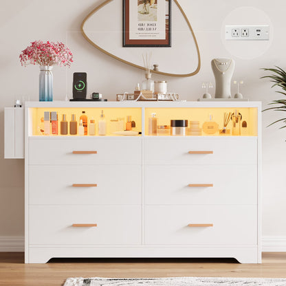 White Dresser for Bedroom,6 Drawers Dresserwith LED Lights and Charging Station, 47" Wide Bedroom Dresser Chest of Drawers Storage Organizer TV Stand for up to 55" TV for Living Room