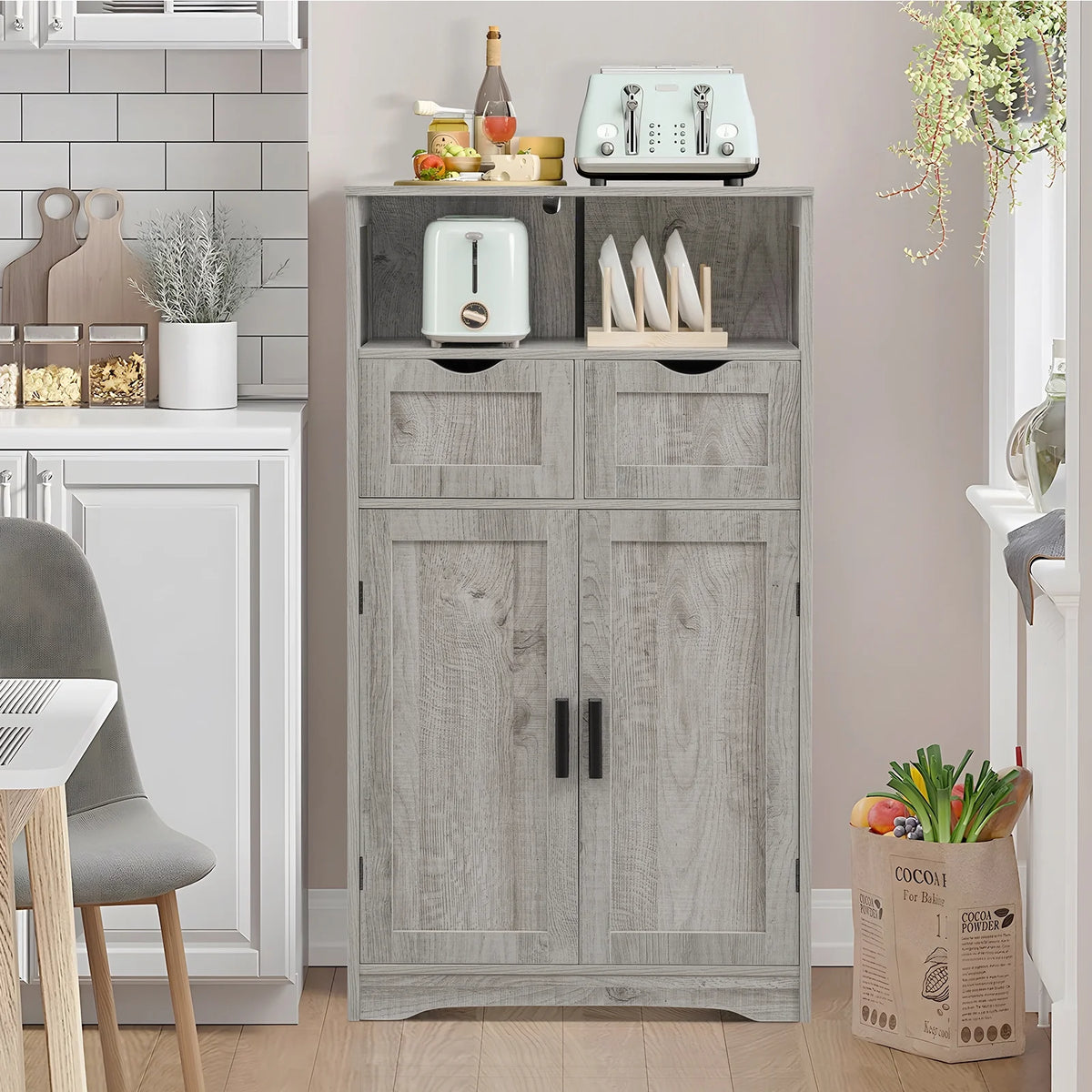 FANGSUM Rattan Storage Cabinet with 2 Drawers & 2 Shelves, Floor Cabinet for Living Room