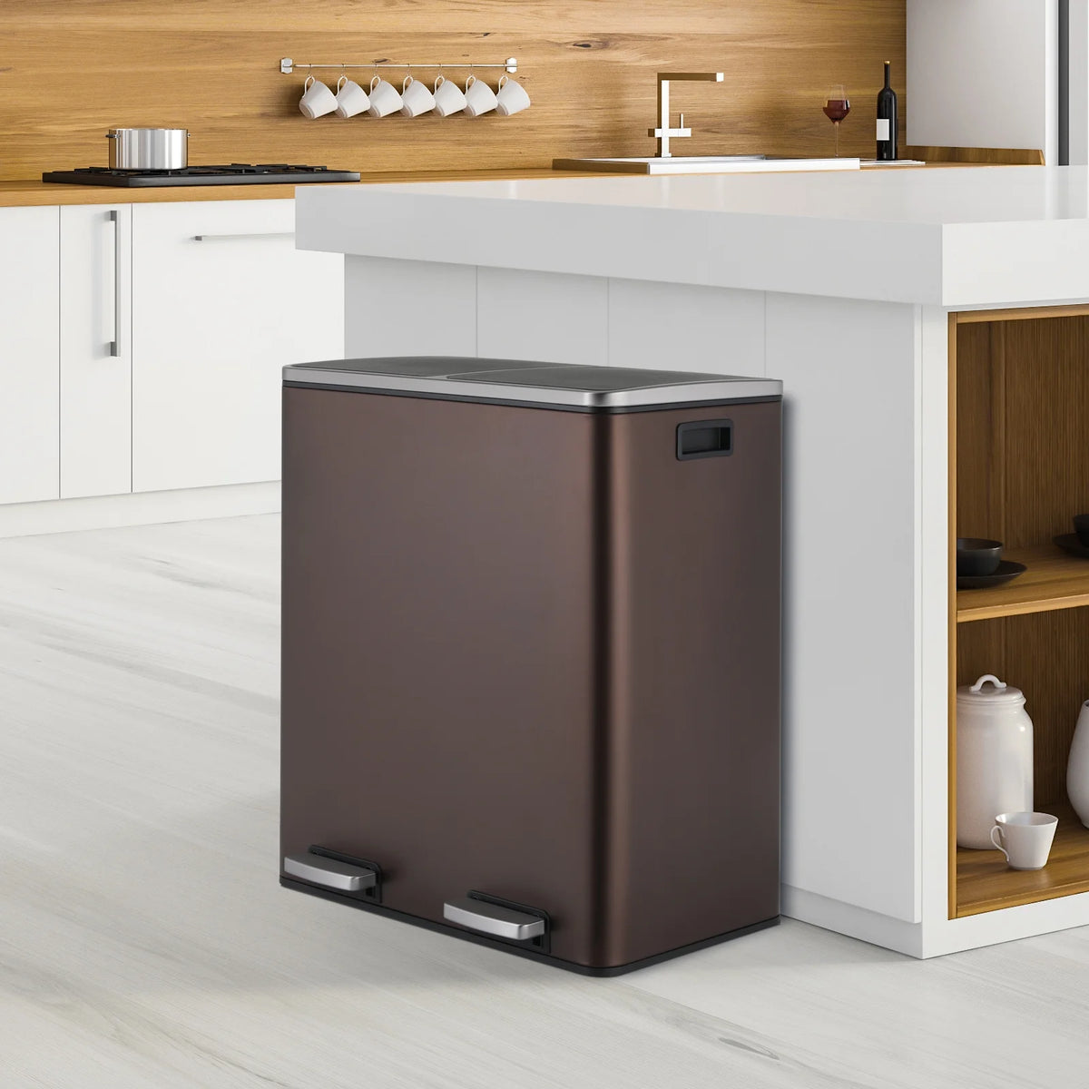 LAZY BUDDY Dual Garbage Can, Stainless Steel 16 Gallon Step Kitchen Trash Can with Soft-Close Lid, Double Compartment Garbage Recycling Bin