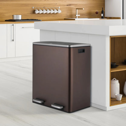 LAZY BUDDY Dual Garbage Can, Stainless Steel 16 Gallon Step Kitchen Trash Can with Soft-Close Lid, Double Compartment Garbage Recycling Bin