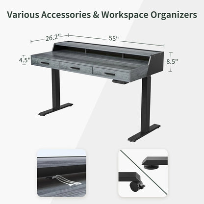FEZIBO Electric Standing Desk with 3 Drawers & Monitor Shelves, 48 x 26 inches Sit Stand Home Office Desk, Rustic Brown