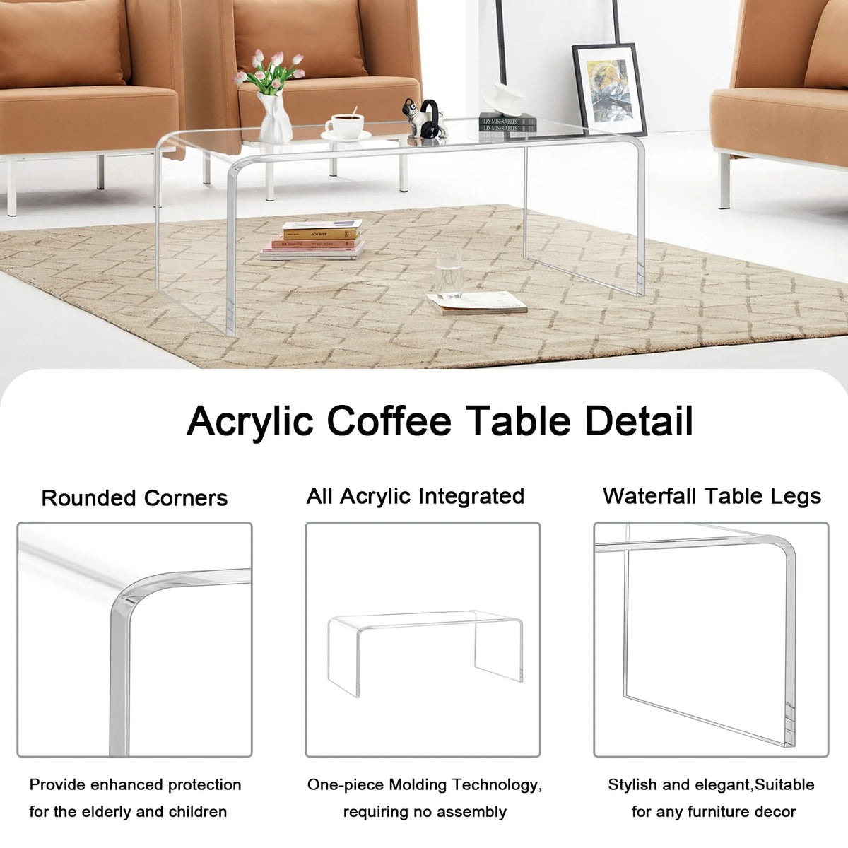 VDGPWA 32" Rectangle Waterfall Coffee Table, 0.6" Thick All Acrylic, Clear