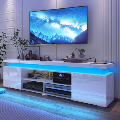 LED TV Stand for up to 85" TVs with Power Outlet, 75" Large Entertainment Center Console Table Gaming Soundbar Shelf with 2 Storage Cabinets
