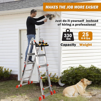 HBTower Ladder, A Frame 4 Step Extension Ladder, 14 Ft Multi Position Ladder with Removable Tool Tray and Stabilizer Bar, 330 lbs Capacity Telescoping Ladder for Household and Outdoor Work