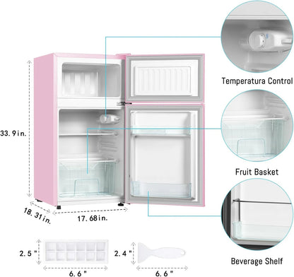 HUMSURE 3.2 Cu.Ft Pink Mini Fridge With Freezer, Compact Dorm Refrigerator, 2 Doors for Bedroom, Office, Kitchen, Apartment