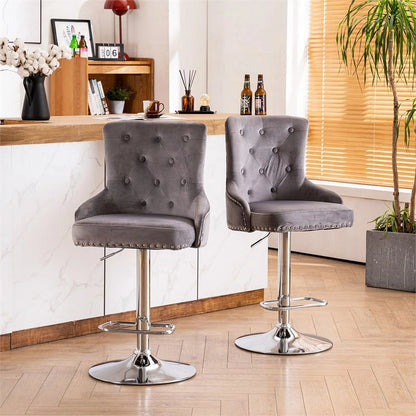 Alexent  2PCS Swivel Bar Stools, High Back, Button Tufted, Silver Footrest and Nailhead Trim Swivel Bar Chairs for Kitchen, Bar Velvet Upholstered Bar Stools, Dark Blue