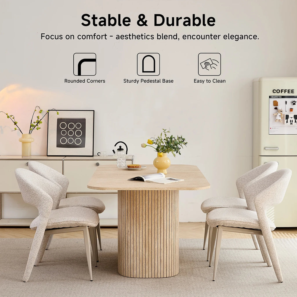 HJhomeheart 63" Rectangle Dining Table for 4 6 Person, Rounded Corners, Wood Strip Pedestal Base, Rustic Farmhouse Modern Breakfast Dinner Kitchen Table