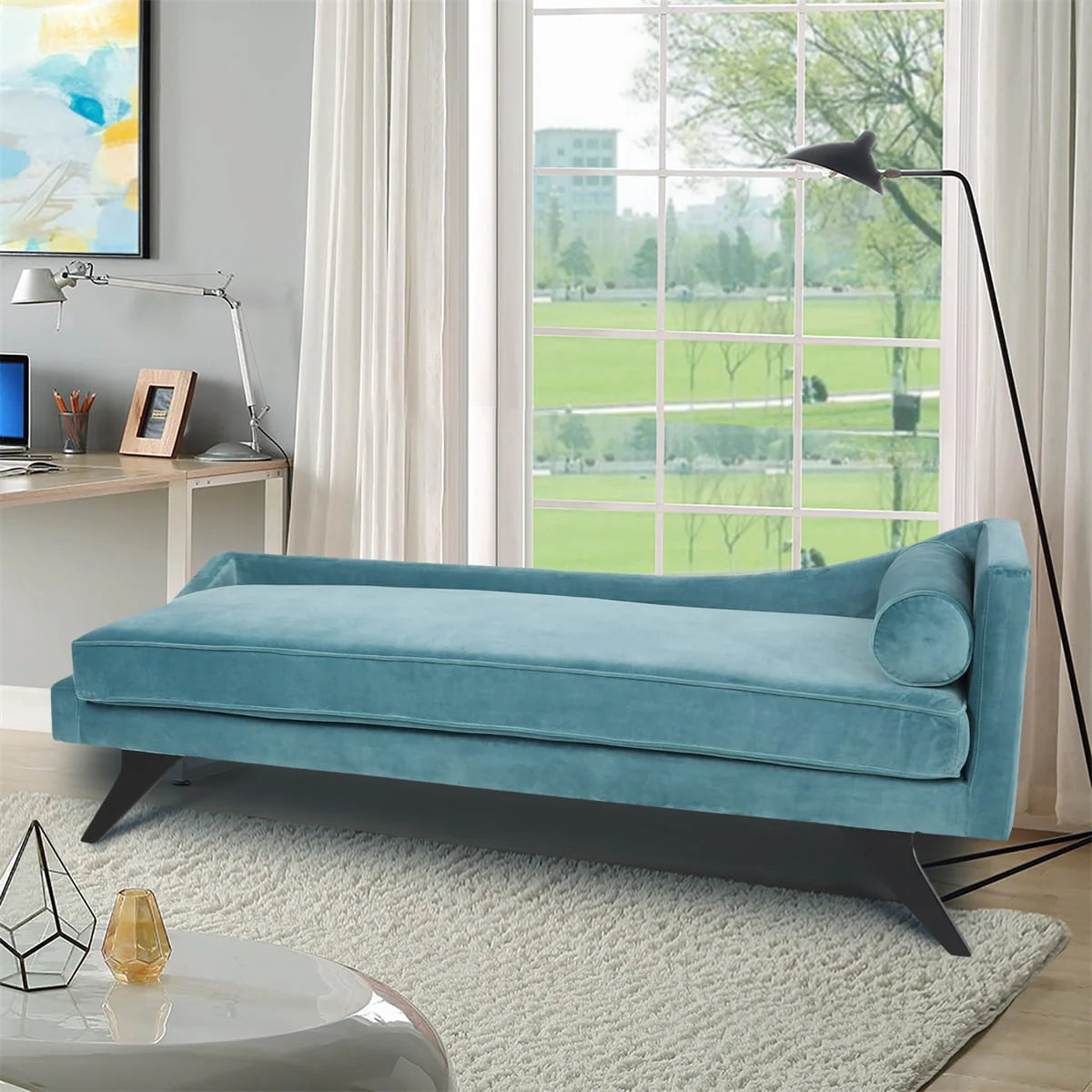 Chaise Lounge Sofa Chair, Right Square Arm Reclining Chaise, Indoor Upholstered Sleeper Sofa with Pillow and Wood Legs, Modern Accent Chaise Chair for Living Room Bedroom Office, Green