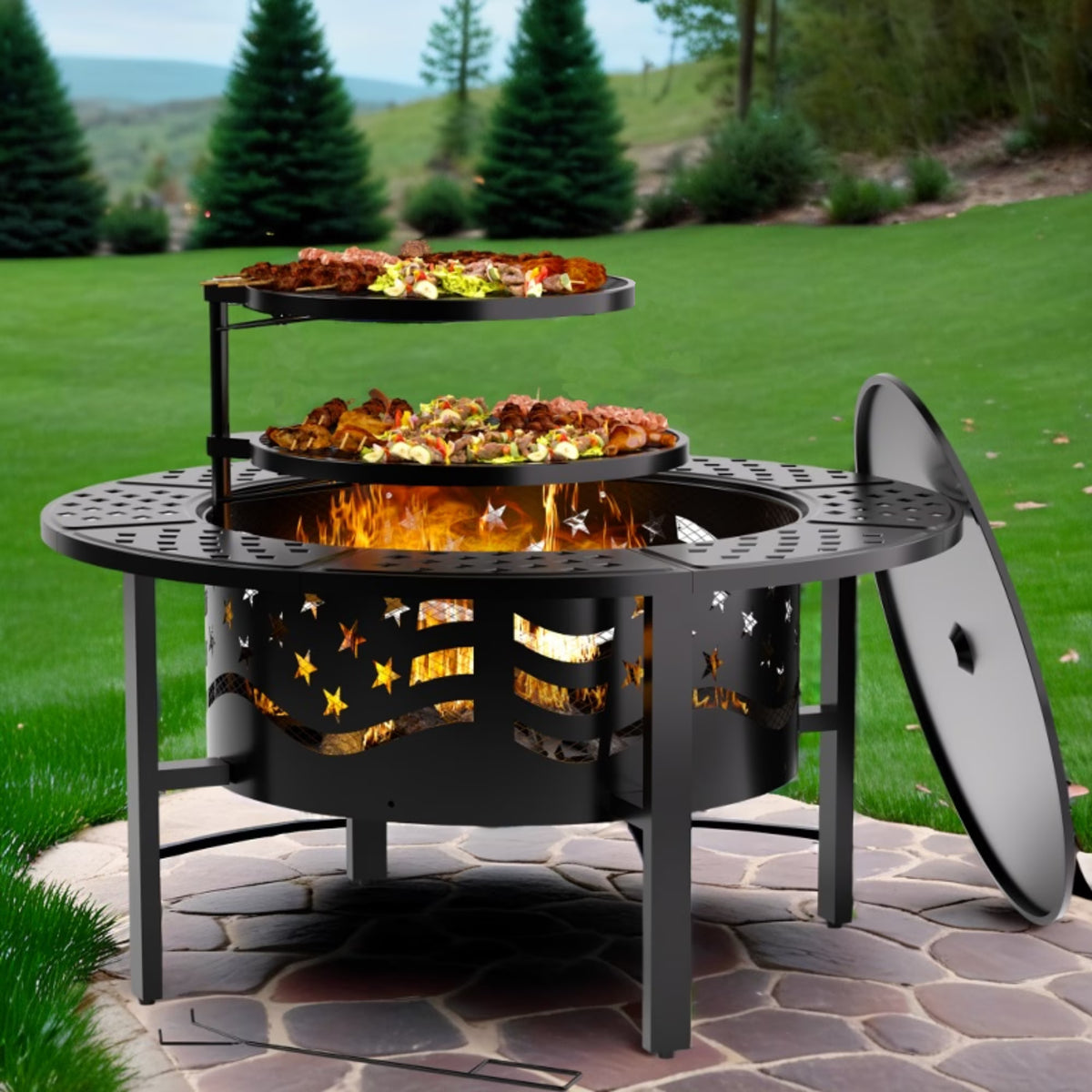 TrumanPick Fire Pit for Outside 42" Wood Burning Fire Pit Tables with 2 Adjustable Swivel BBQ Grills, Lid, Poker for Patio Backyard BBQ Ice Storage