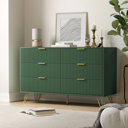 FURNIWAY White 6 Drawer Dresser for Bedroom, Modern Dresser with Gold Metal Handles,Fluted Wood TV Stand for Living Room, Hallway