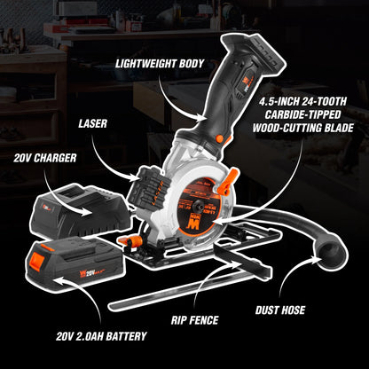 WEN 20V Max 4-1/2-Inch Cordless Mini Circular Saw with 2.0Ah Battery and Charger