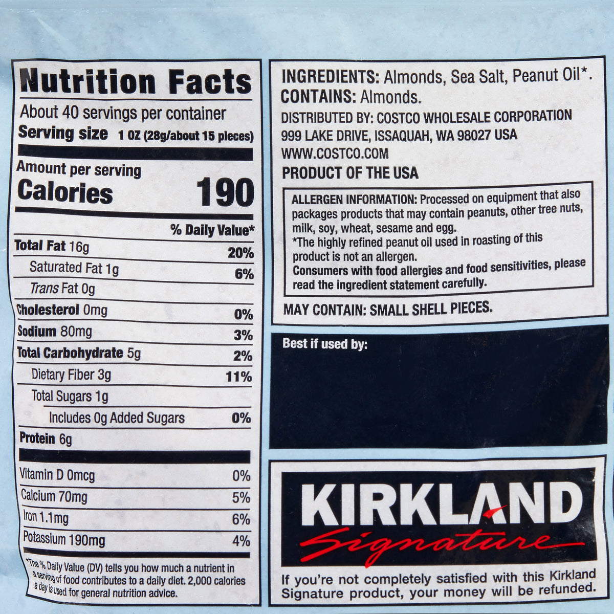 Kirkland Signature Roasted Almonds, Sea Salt, 2.5 lbs