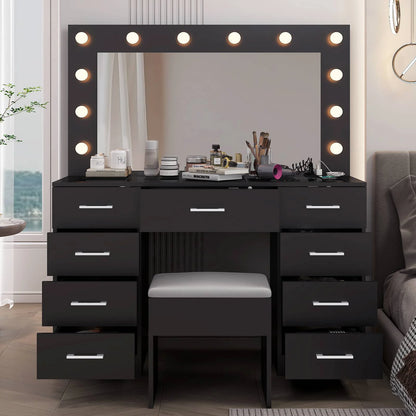 Ktaxon Large Makeup Vanity, Vanity Table Set w/ Visible Glass Top w/ Charging Station, White
