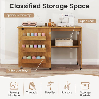 Costway Folding Sewing Table Rolling Craft Station with 3 Storage Bins & Charging Station Natural