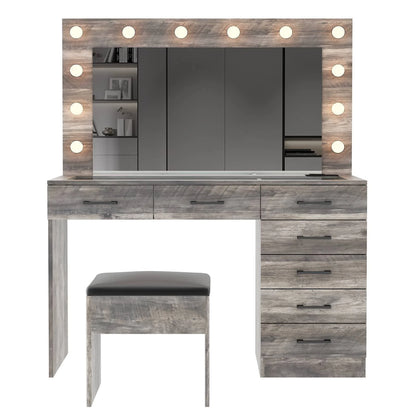 Ktaxon Large Makeup Vanity, Vanity Table Set w/ Visible Glass Top w/ Charging Station, White