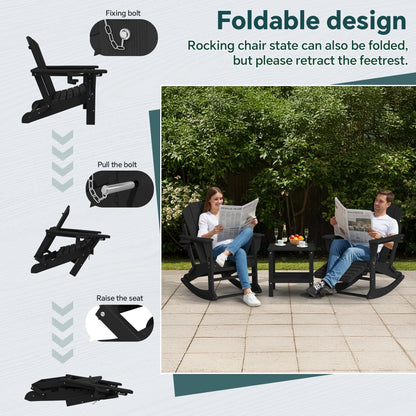 KINGYES Folding Adirondack Rocker Chair Set of 2 W/ Footrest & Dual Cup Holders, HDPE Outdoor Patio Rocking Chair, Black