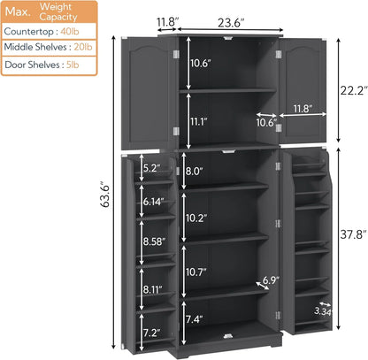 Yusong 64'' Kitchen Storage Cabinet, Tall Kitchen Pantry Storage Cabinet with Doors and Shelves, Food Pantry Cabinet Free Standing Pantry for Kitchen Dining Living Room, Grey