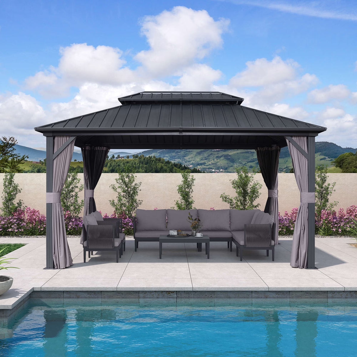 PURPLE LEAF 8' X 8' Gazebo Outdoor Gazebo Permanent Hardtop Gazebo with Galvanized Steel Double Roof for Patio Backyard Deck Aluminum Gazebo with Netting and Curtains Grey