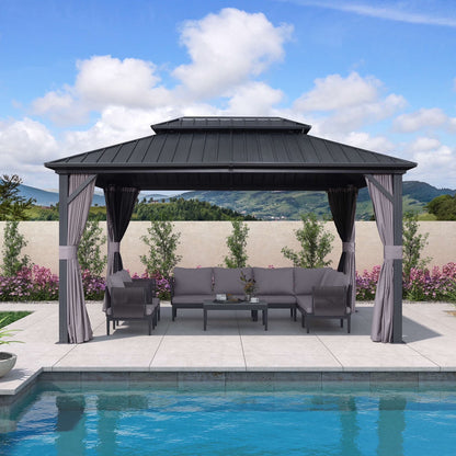 PURPLE LEAF 8' X 8' Gazebo Outdoor Gazebo Permanent Hardtop Gazebo with Galvanized Steel Double Roof for Patio Backyard Deck Aluminum Gazebo with Netting and Curtains Grey