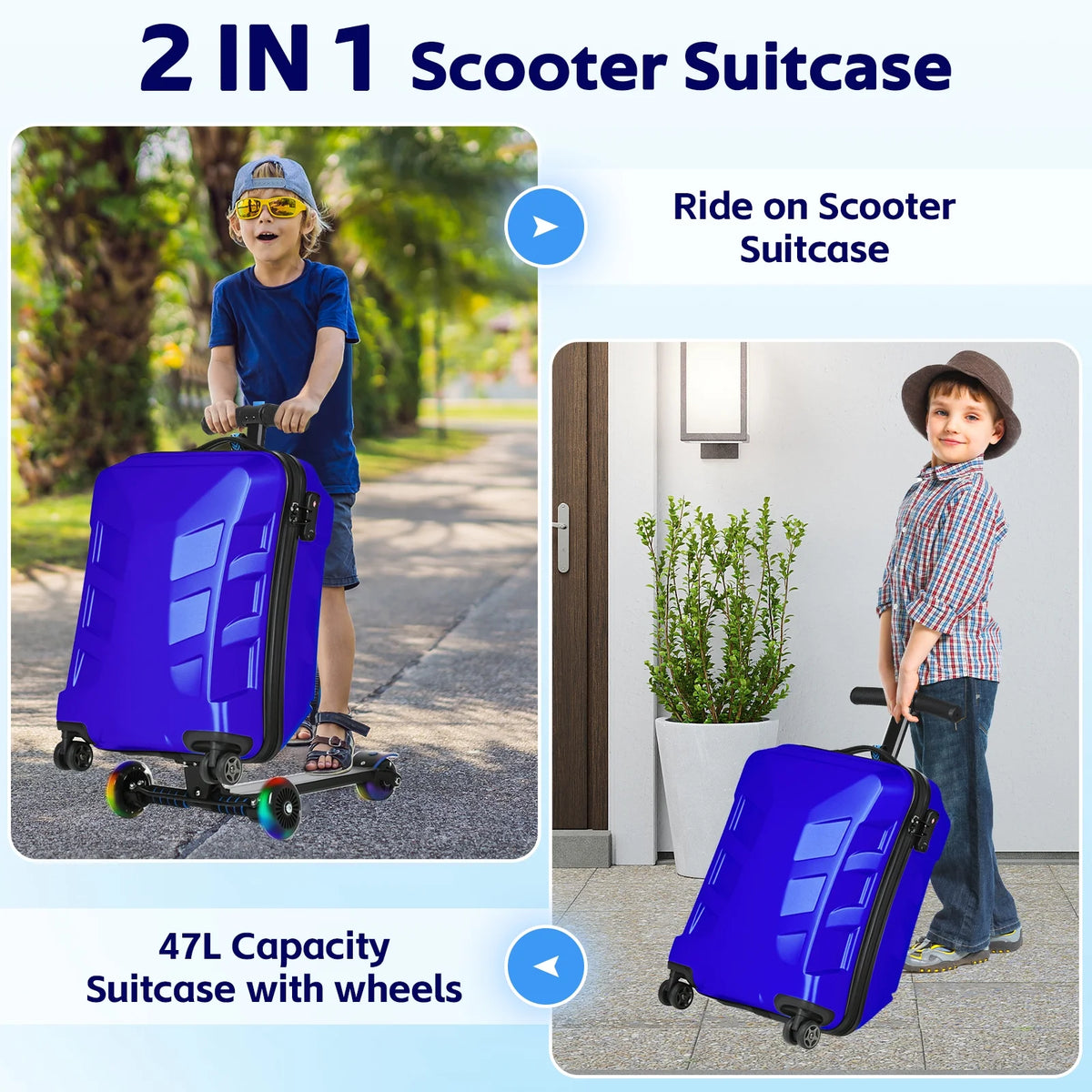 Advwin Scooter Suitcase for Kids & Adults, 3-D Hardshell Ride On Scooter Luggage with LED Light Up Wheels, TSA Lock, Lightweight Foldable Carry On Rideable Suitcase for Children Teenagers, Silver