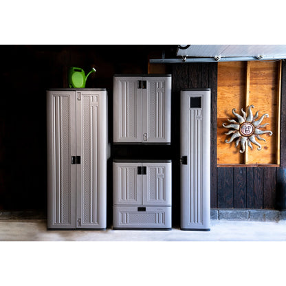 Suncast Mega Tall Resin Outdoor Storage Cabinet with 3 Shelves, Platinum Metallic
