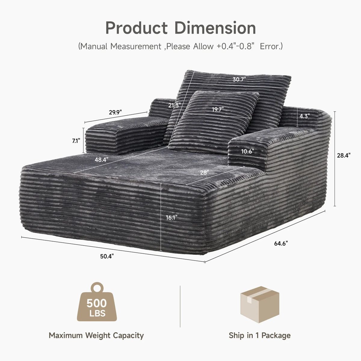 65" Corduroy Cloud Sleeper Chaise Lounge Chair, No Assembly Sofa Bed with Pillows, Beige