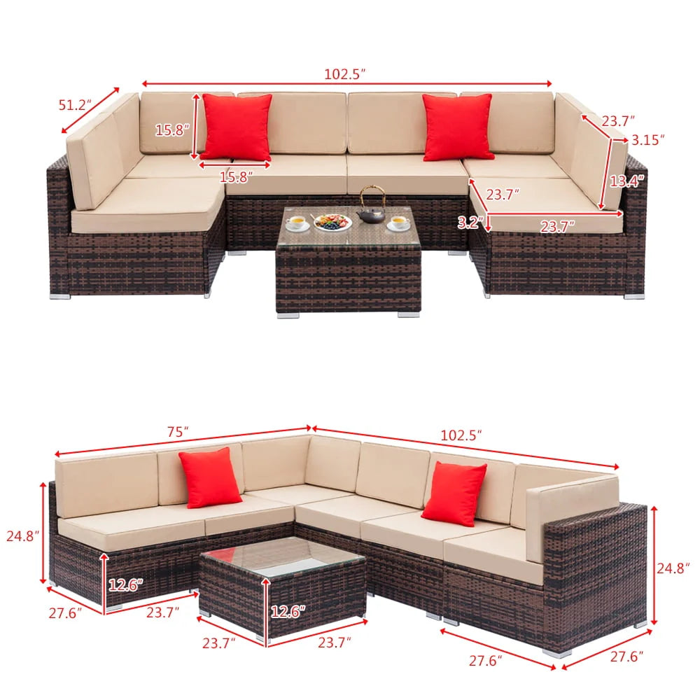 Wicker Patio Sofa Sets, 7 Pieces Outdoor Seating Sets, Lounge Sofa and Tempered Glass Coffee Table, Deck Front Garden Furniture Set, Brown Rattan + Beige Cushion