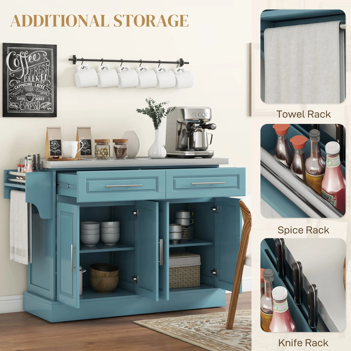 HOMCOM Multi-functional Rolling Kitchen Island Cart with Cabinets and Drawers, Portable Kitchen Storage Cabinet with Spice Rack, Towel Rack, Knife Rack, Steel Top