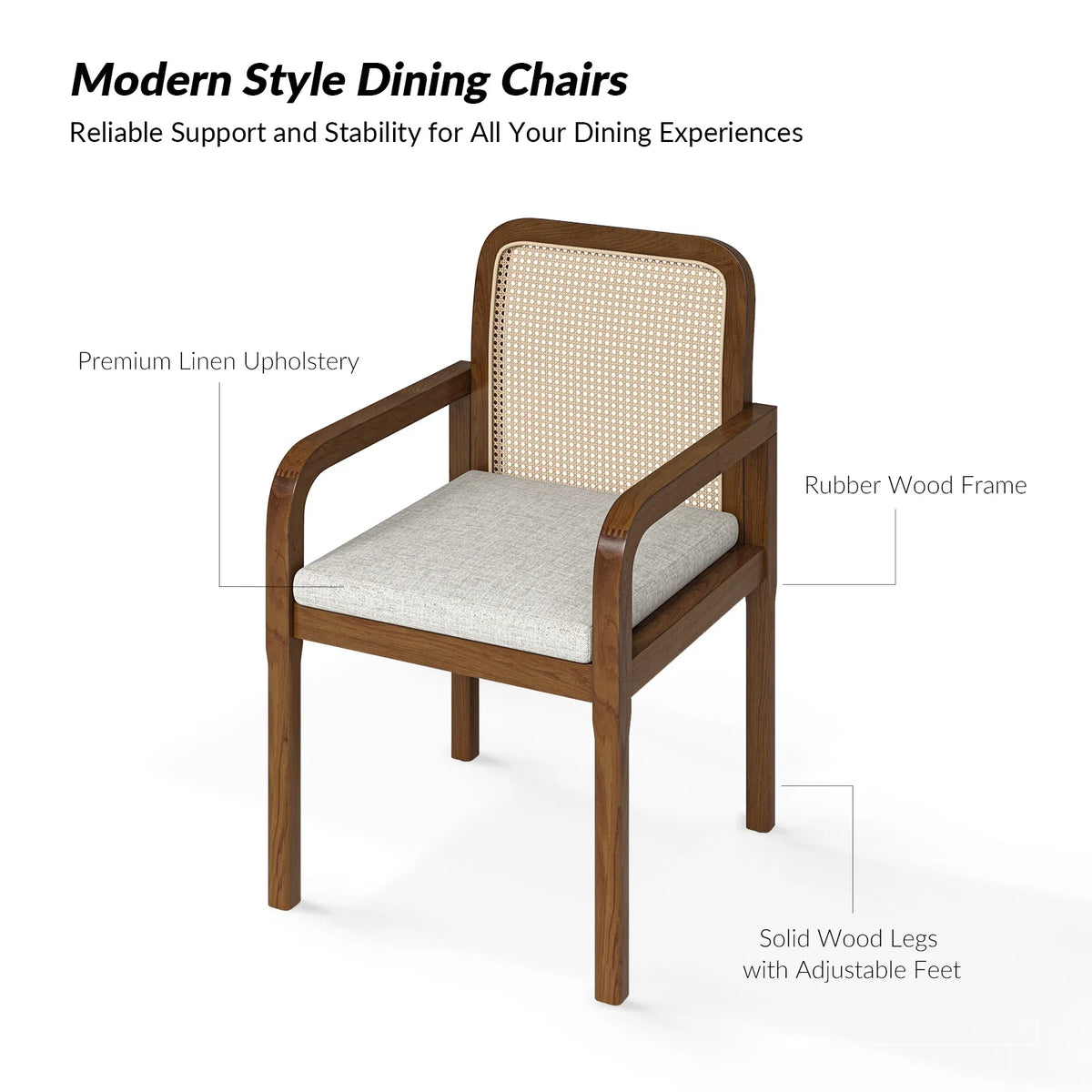 Rattan Dining Chairs Set of 2 Wooden Armchairs Removable Cushion Home Kitchen Restaurant Acorn