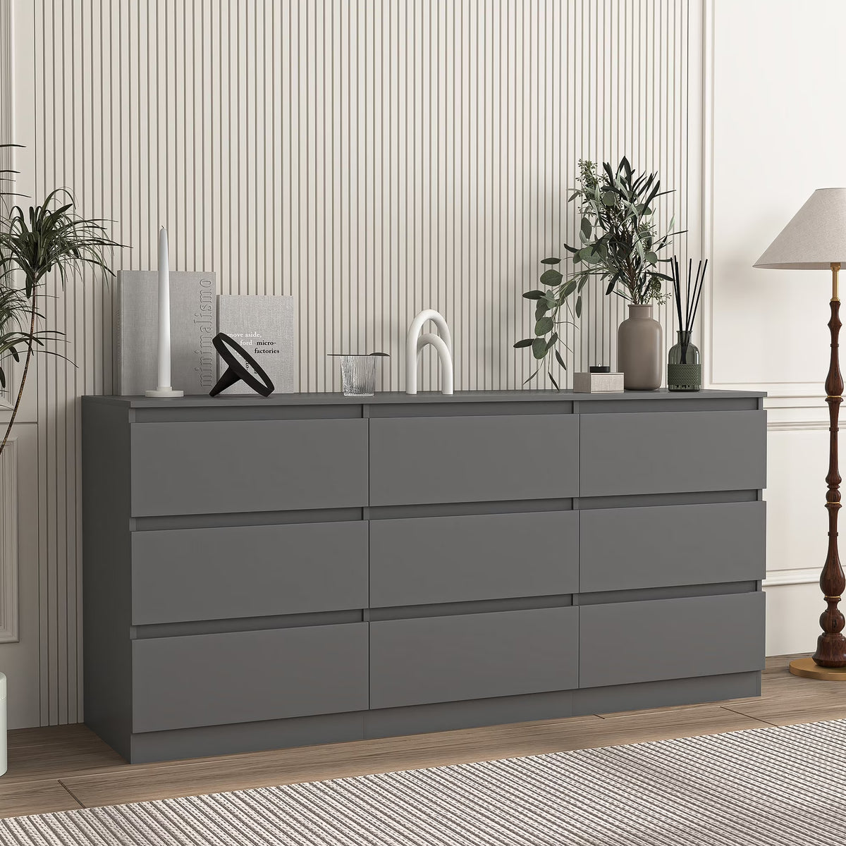 Resenkos Modern Mid Century 6 Drawer Wide Dressers Chests for Bedroom, Chest of Drawer Organizer Grey