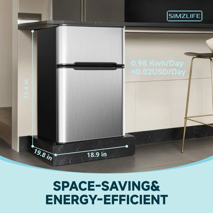 Simzlife 3.2 Cu ft Two Door Mini Refrigerator with Freezer, Compact Small Fridge Adjustable Removable Shelves, Sliver