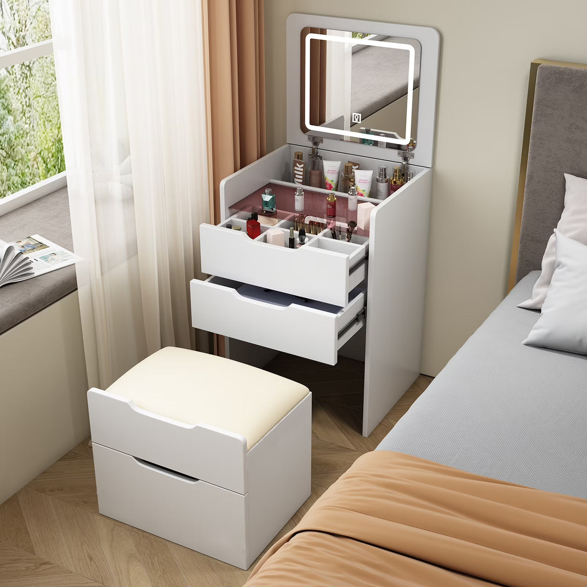Miniyam Vanity Desk with Lighted Flip Mirror, Drawers & Stool, Makeup Table for Adults, Walnut