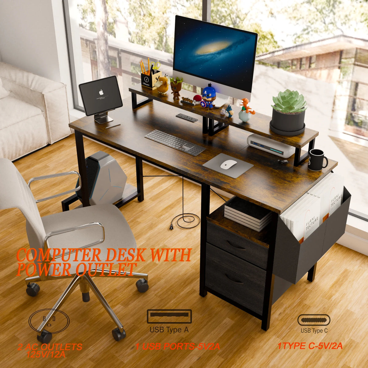 New 47.3" Computer Desk with Power Outlets, Small Home Office Desk with 3 drawers,Side Pocket, Gaming Desk, Modern Study Desk, Laptop Desk, White