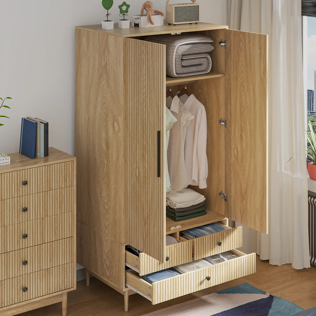 Oubayajia Wardrobe Armoire Closet, 2 Fluted Doors Wardrobe Cabinet with 3-Drawer and Hanging Rod, Wood Wardrobe Storage for Bedroom