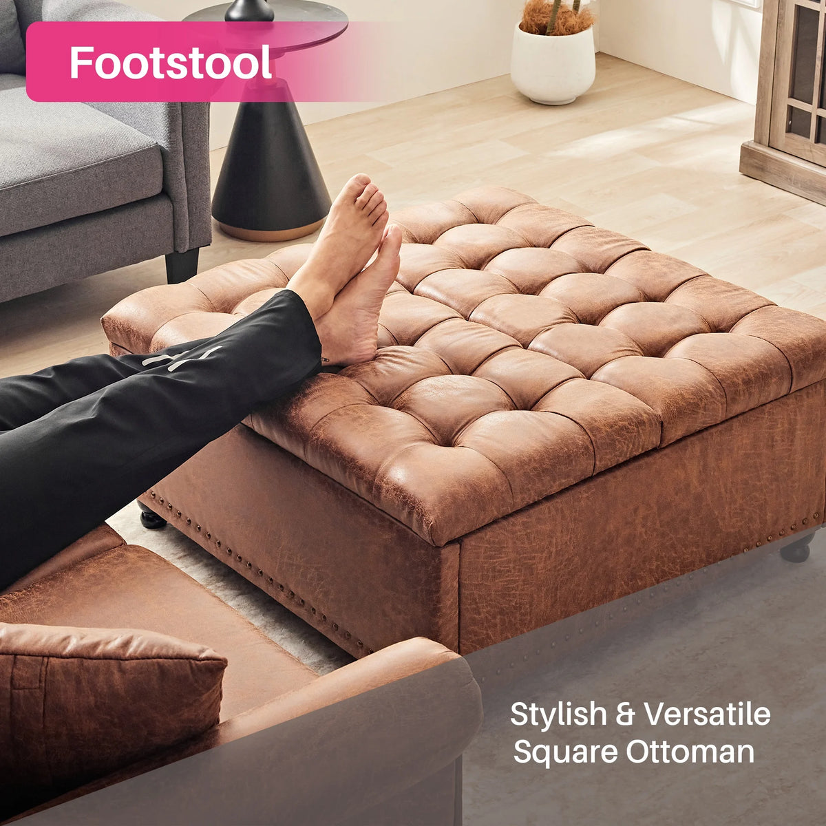 Redlife 35 Inch Large Square Storage Ottoman Bench, Storage Ottoman Coffee Table Large Square Ottoman with Storage Lift Top Tufted Storage Ottoman for Living Room (Brown Leathaire)