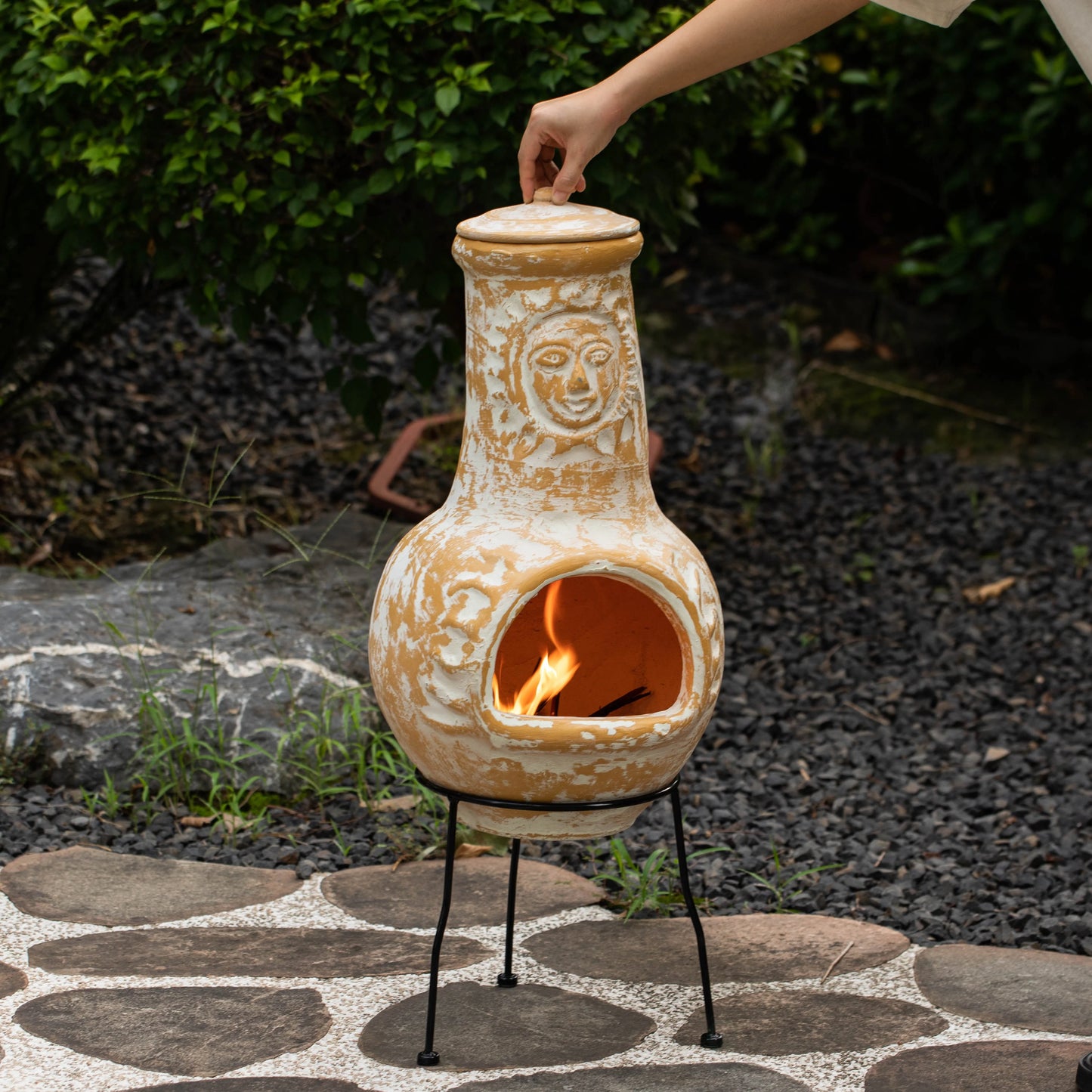 Vintiquewise QI004631.TC Outdoor Clay Chiminea Fireplace Sun Design Wood Burning Fire Pit with Sturdy Metal Stand, Barbecue, Cocktail Party, Cozy Nights Fire Pit, Terra Cotta