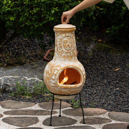 Vintiquewise QI004631.TC Outdoor Clay Chiminea Fireplace Sun Design Wood Burning Fire Pit with Sturdy Metal Stand, Barbecue, Cocktail Party, Cozy Nights Fire Pit, Terra Cotta