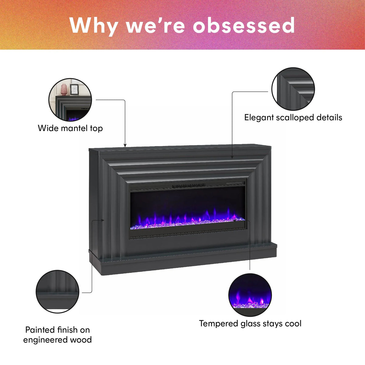 CosmoLiving by Cosmopolitan Rene Electric Fireplace Mantel 65" TV Stand with Multi-Color Flame and Crystal Ember Bed, Black