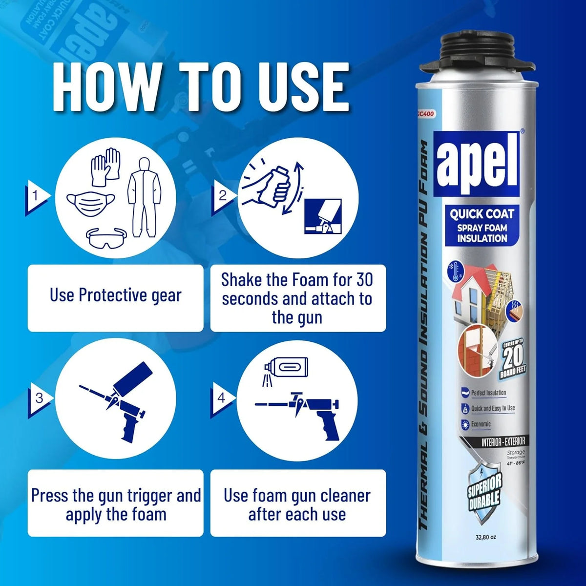 apel Spray Foam Insulation Kit (12 x 32.80 oz./240 Bd ft) Heat and Acoustic Insulation, Self Expanding Polyurethane Foam, Application Gun and Cleaner Included - 12 Pack