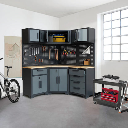 HPDMC Garage Storage Cabinet System 7-Pcs Workshop Set Metal Garage Cabinets System with Steel Cabinet Drawers, Workbench, Pegboard for Garage Tool Organization
